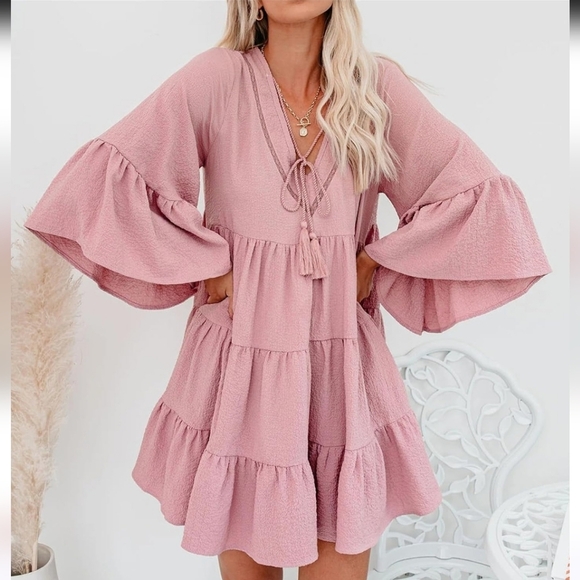 BloomChic Powder Pink Babydoll Tiered V-Neck Ruffle Peplum Above Knee Dress 16 - Picture 12 of 12